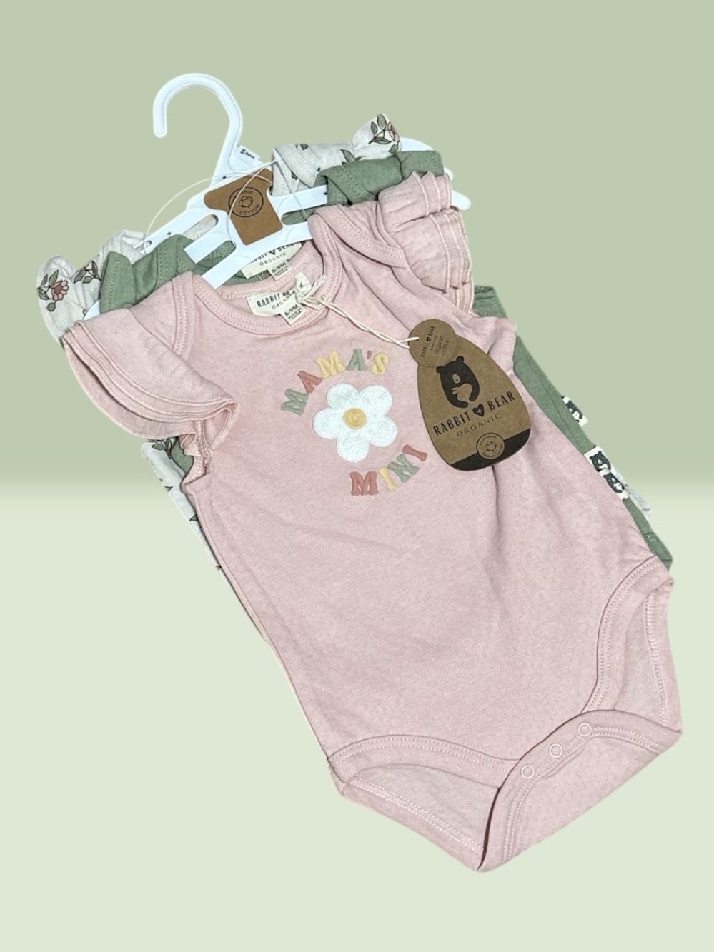 Rabbit + Bear (6-9 Months) Baby 100% Organic Cotton Bodysuits Set of 3 Soft NWT